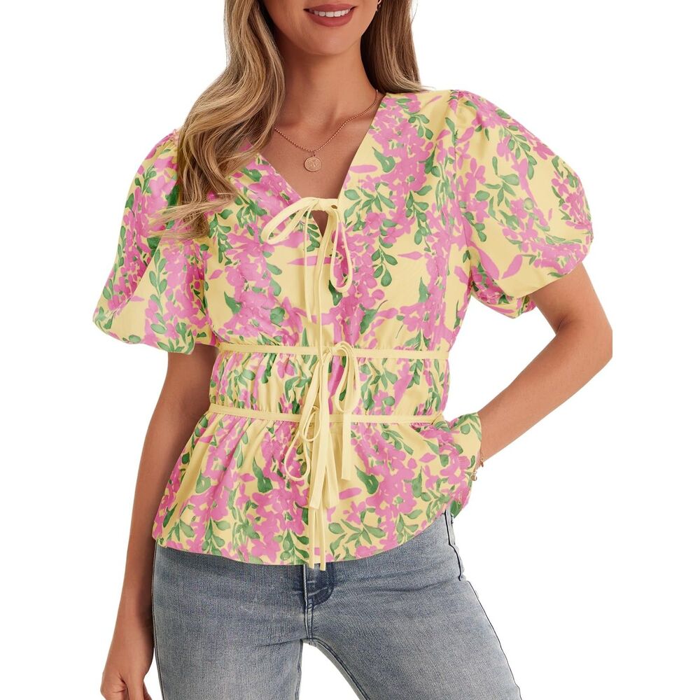 Puff Sleeve Tie Front Top, Babydoll Peplum V Neck Blouse Floral Print Shirt (S)